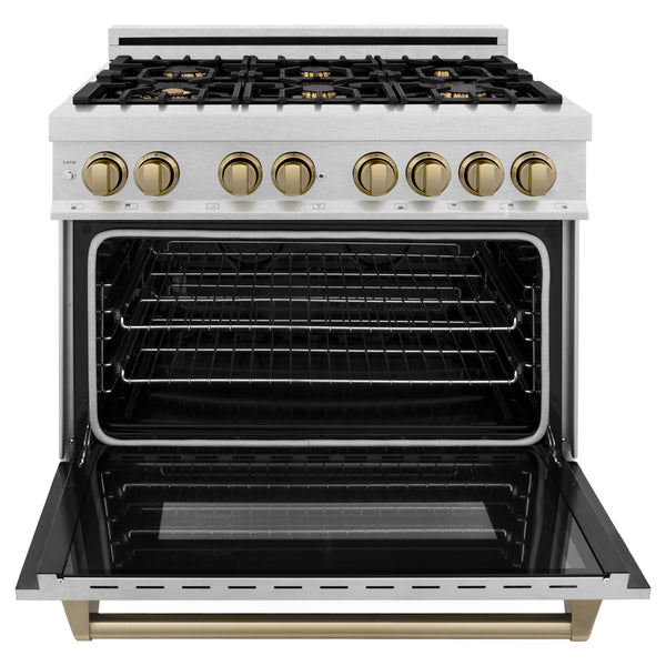 ZLINE Autograph Edition 36 in. 4.6 cu. ft. Legacy Dual Fuel Range with 6 Burner Gas Cooktop and Electric Convection Oven in Satin Stainless Steel and Champagne Bronze Accents, Open Box-Great Condition