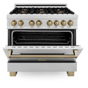 ZLINE Autograph Edition 36 in. 4.6 cu. ft. Legacy Dual Fuel Range with 6 Burner Gas Cooktop and Electric Convection Oven in Satin Stainless Steel and Champagne Bronze Accents, Open Box-Great Condition