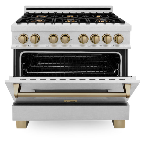 ZLINE Autograph Edition 36 in. 4.6 cu. ft. Legacy Dual Fuel Range with 6 Burner Gas Cooktop and Electric Convection Oven in Satin Stainless Steel and Champagne Bronze Accents, Open Box-Great Condition