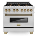ZLINE Autograph Edition 36 in. 4.6 cu. ft. Legacy Dual Fuel Range with 6 Burner Gas Cooktop and Electric Convection Oven in Satin Stainless Steel and Champagne Bronze Accents, Open Box-Great Condition