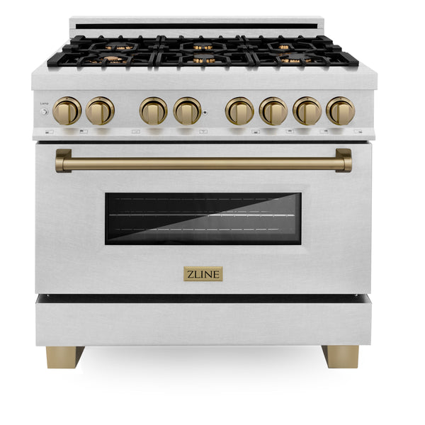 ZLINE Autograph Edition 36 in. 4.6 cu. ft. Legacy Dual Fuel Range with 6 Burner Gas Cooktop and Electric Convection Oven in Satin Stainless Steel and Champagne Bronze Accents, Open Box-Great Condition