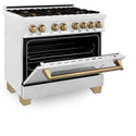 ZLINE Autograph Edition 36 in. 4.6 cu. ft. Legacy Dual Fuel Range with 6 Burner Gas Cooktop and Electric Convection Oven in Satin Stainless Steel and Champagne Bronze Accents, Open Box-Great Condition