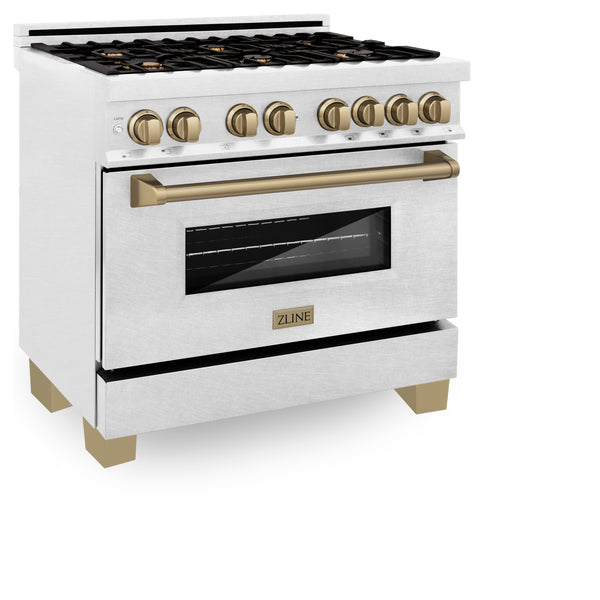 ZLINE Autograph Edition 36 in. 4.6 cu. ft. Legacy Dual Fuel Range with 6 Burner Gas Cooktop and Electric Convection Oven in Satin Stainless Steel and Champagne Bronze Accents, Open Box-Great Condition