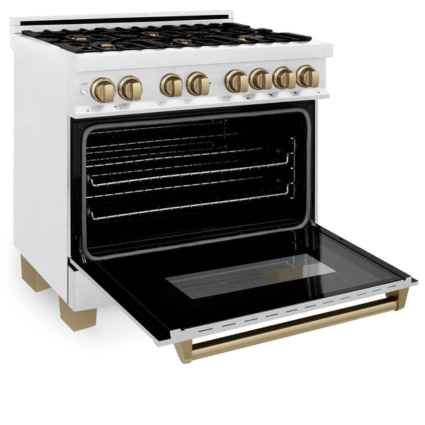 ZLINE Autograph Edition 36 in. 4.6 cu. ft. Legacy Dual Fuel Range with 6 Burner Gas Cooktop and Electric Convection Oven in Satin Stainless Steel and Champagne Bronze Accents, Open Box-Great Condition