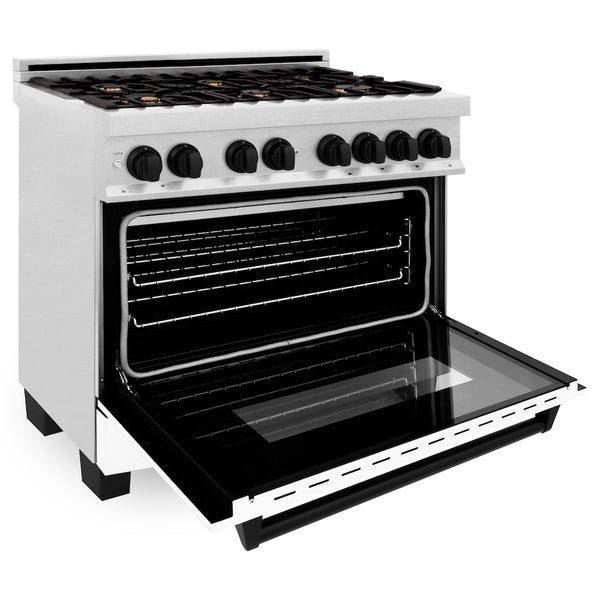 ZLINE Autograph Edition 36 in. 4.6 cu. ft. Legacy Dual Fuel Range with 6 Burner Gas Cooktop and Electric Convection Oven in Satin Stainless Steel with White Matte Door and Matte Black Accents, Open Box-Great Condition