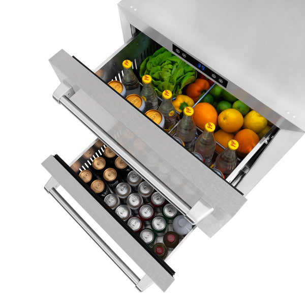 ZLINE 24 in. Touchstone 168 Can Outdoor-Rated Dual Refrigerator Drawer with DuraSnow® Stainless Steel Doors (RDSO-SN-24)