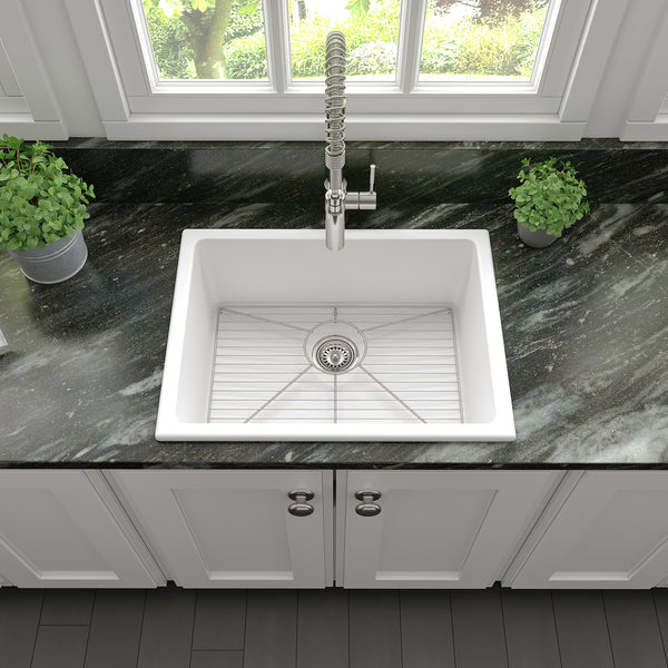 ZLINE 24 in. Rome Dual Mount Single Bowl Fireclay Kitchen Sink with Bottom Grid in White Matte (FRC5123-WM-24)