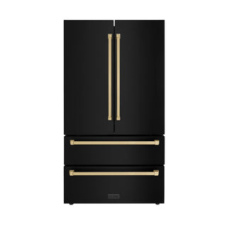 ZLINE Autograph Edition 36 in. 22.5 cu. ft. Counter-Depth French Door Refrigerator with Ice Maker in Fingerprint-Resistant Black Stainless Steel and Champagne Bronze Traditional Handles (RFMZ-36-BS-CB)