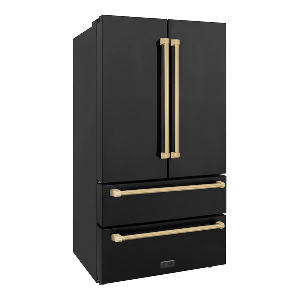 ZLINE Autograph Edition 36 in. 22.5 cu. ft. Counter-Depth French Door Refrigerator with Ice Maker in Fingerprint-Resistant Black Stainless Steel and Champagne Bronze Traditional Handles (RFMZ-36-BS-CB)