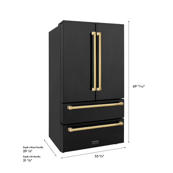 ZLINE Autograph Edition 36 in. 22.5 cu. ft. Counter-Depth French Door Refrigerator with Ice Maker in Fingerprint-Resistant Black Stainless Steel with Polished Gold Traditional Handles (RFMZ-36-BS-G)
