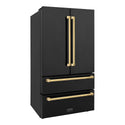 ZLINE Autograph Edition 36 in. 22.5 cu. ft. Counter-Depth French Door Refrigerator with Ice Maker in Fingerprint-Resistant Black Stainless Steel with Polished Gold Traditional Handles (RFMZ-36-BS-G)