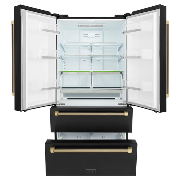 ZLINE Autograph Edition 36 in. 22.5 cu. ft. Counter-Depth French Door Refrigerator with Ice Maker in Fingerprint-Resistant Black Stainless Steel and Champagne Bronze Helix Handles (RFMZ-36-BS-KCB)