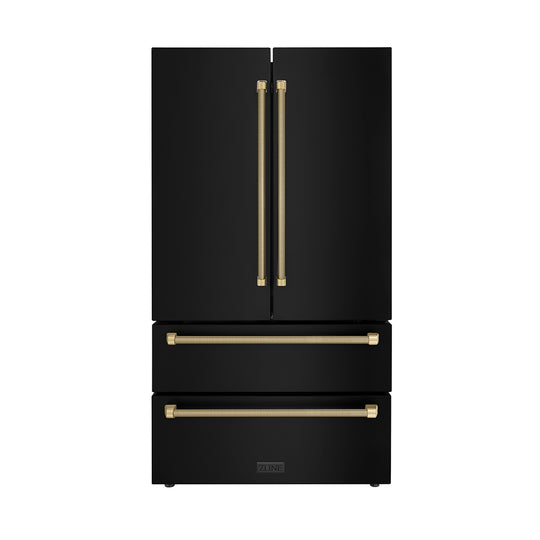ZLINE Autograph Edition 36 in. 22.5 cu. ft. Counter-Depth French Door Refrigerator with Ice Maker in Fingerprint-Resistant Black Stainless Steel and Champagne Bronze Helix Handles (RFMZ-36-BS-KCB)