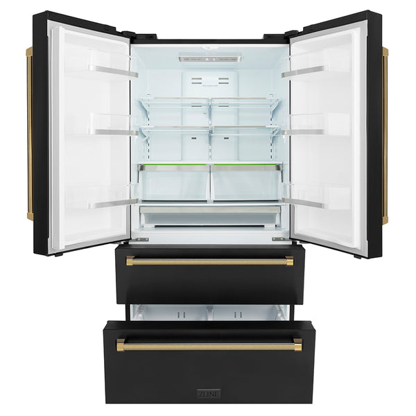ZLINE Autograph Edition 36 in. 22.5 cu. ft. Counter-Depth French Door Refrigerator with Ice Maker in Fingerprint-Resistant Black Stainless Steel and Polished Gold Helix Handles (RFMZ-36-BS-KG)