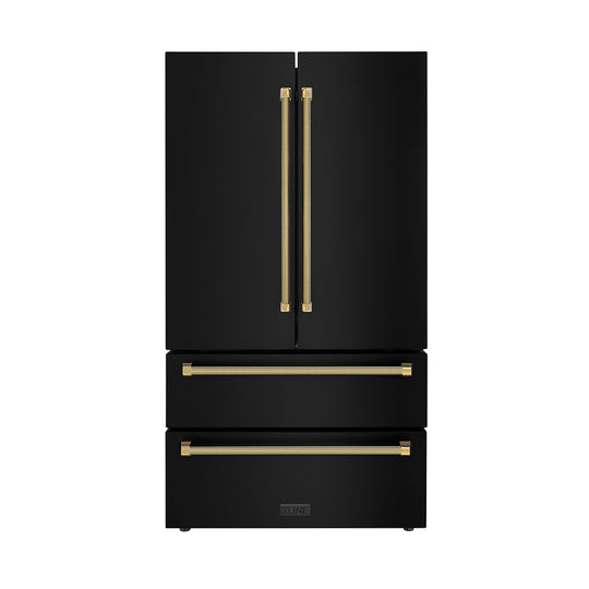 ZLINE Autograph Edition 36 in. 22.5 cu. ft. Counter-Depth French Door Refrigerator with Ice Maker in Fingerprint-Resistant Black Stainless Steel and Polished Gold Helix Handles (RFMZ-36-BS-KG)