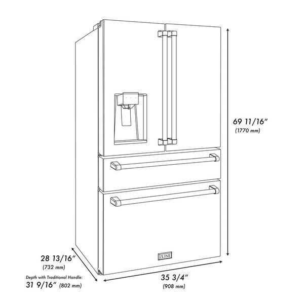 ZLINE 36 in. 21.6 cu. ft Freestanding French Door Fingerprint Resistant Refrigerator with External Water and Ice Dispenser in Black Stainless Steel (RFM-W-36-BS) dimensional diagram with measurements.