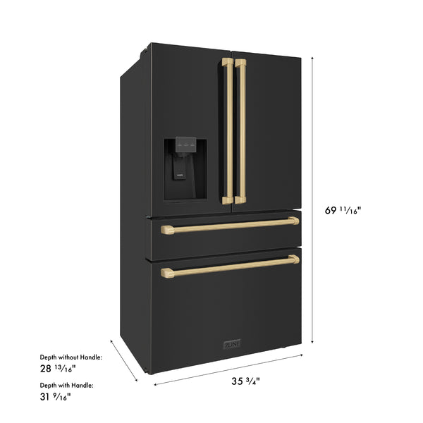 ZLINE Autograph Edition 36 in. 21.6 cu. ft Counter-Depth French Door Refrigerator with Water and Ice Dispenser in Fingerprint-Resistant Black Stainless Steel with Champagne Bronze Traditional Handles (RFMZ-W-36-BS-CB)