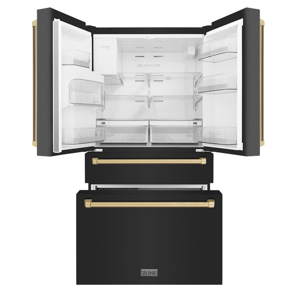 ZLINE Autograph Edition 36 in. 21.6 cu. ft Counter-Depth French Door Refrigerator with Water and Ice Dispenser in Fingerprint-Resistant Black Stainless Steel with Champagne Bronze Traditional Handles (RFMZ-W-36-BS-CB)