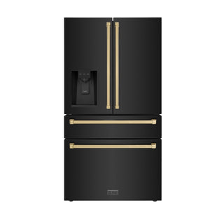 ZLINE Autograph Edition 36 in. 21.6 cu. ft Counter-Depth French Door Refrigerator with Water and Ice Dispenser in Fingerprint-Resistant Black Stainless Steel with Champagne Bronze Traditional Handles (RFMZ-W-36-BS-CB)