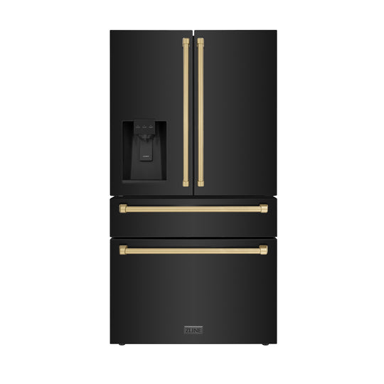 ZLINE Autograph Edition 36 in. 21.6 cu. ft Counter-Depth French Door Refrigerator with Water and Ice Dispenser in Fingerprint-Resistant Black Stainless Steel with Champagne Bronze Traditional Handles (RFMZ-W-36-BS-CB)