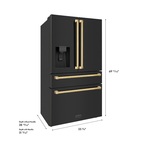 ZLINE Autograph Edition 36 in. 21.6 cu. ft. Counter-Depth French Door Refrigerator with Water and Ice Dispenser in Fingerprint-Resistant Black Stainless Steel with Polished Gold Traditional Handles (RFMZ-W-36-BS-G)