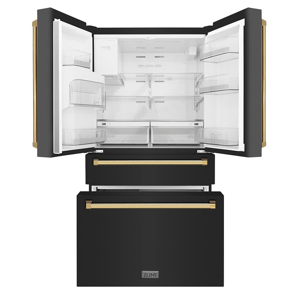 ZLINE Autograph Edition 36 in. 21.6 cu. ft. Counter-Depth French Door Refrigerator with Water and Ice Dispenser in Fingerprint-Resistant Black Stainless Steel with Polished Gold Traditional Handles (RFMZ-W-36-BS-G)