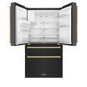ZLINE Autograph Edition 36 in. 21.6 cu. ft. Counter-Depth French Door Refrigerator with Water and Ice Dispenser in Fingerprint-Resistant Black Stainless Steel with Polished Gold Traditional Handles (RFMZ-W-36-BS-G)
