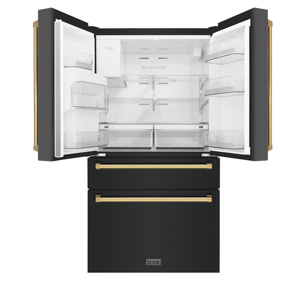 ZLINE Autograph Edition 36 in. 21.6 cu. ft. Counter-Depth French Door Refrigerator with Water and Ice Dispenser in Fingerprint-Resistant Black Stainless Steel with Polished Gold Traditional Handles (RFMZ-W-36-BS-G)