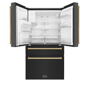 ZLINE Autograph Edition 36 in. 21.6 cu. ft. Counter-Depth French Door Refrigerator with Water and Ice Dispenser in Fingerprint-Resistant Black Stainless Steel with Polished Gold Traditional Handles (RFMZ-W-36-BS-G)