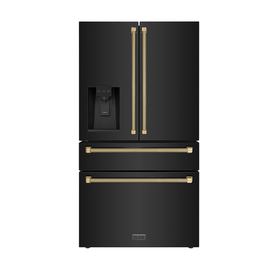 ZLINE Autograph Edition 36 in. 21.6 cu. ft. Counter-Depth French Door Refrigerator with Water and Ice Dispenser in Fingerprint-Resistant Black Stainless Steel with Champagne Bronze Helix Handles (RFMZ-W36-BS-KCB)