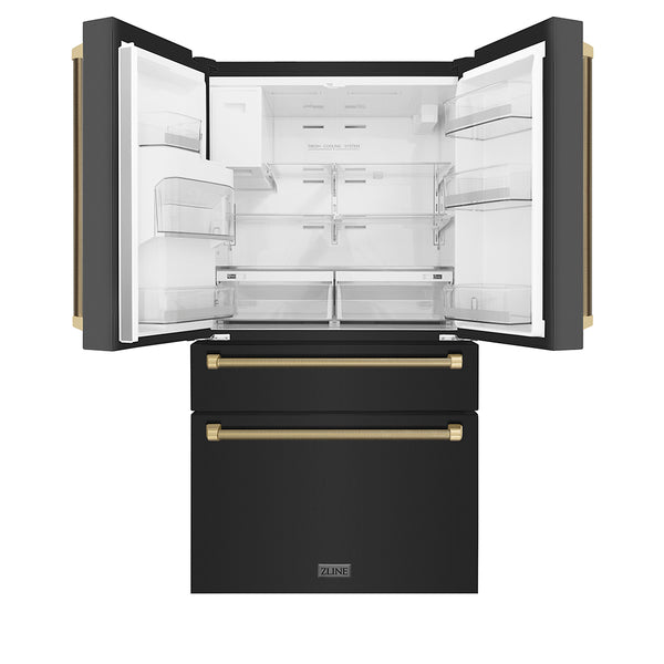 ZLINE Autograph Edition 36 in. 21.6 cu. ft. Counter-Depth French Door Refrigerator with Water and Ice Dispenser in Fingerprint-Resistant Black Stainless Steel with Champagne Bronze Helix Handles (RFMZ-W36-BS-KCB)