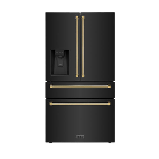 ZLINE Autograph Edition 36 in. 21.6 cu. ft. Counter-Depth French Door Refrigerator with Water and Ice Dispenser in Fingerprint-Resistant Black Stainless Steel with Polished Gold Helix Handles (RFMZ-W-36-BS-KG)