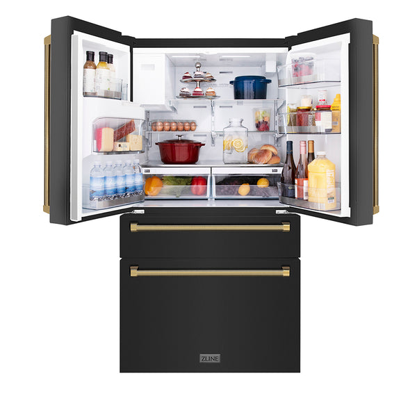 ZLINE Autograph Edition 36 in. 21.6 cu. ft. Counter-Depth French Door Refrigerator with Water and Ice Dispenser in Fingerprint-Resistant Black Stainless Steel with Polished Gold Helix Handles (RFMZ-W-36-BS-KG)