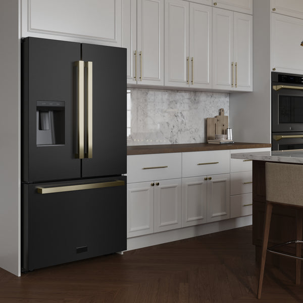 ZLINE Autograph Edition 36 in. 28.9 cu. ft. Standard-Depth French Door External Water Dispenser Refrigerator with Dual Ice Maker in Black Stainless Steel and Champagne Bronze Square Handles (RSMZ-W-36-BS-FCB)