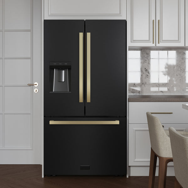 ZLINE Autograph Edition 36 in. 28.9 cu. ft. Standard-Depth French Door External Water Dispenser Refrigerator with Dual Ice Maker in Black Stainless Steel and Champagne Bronze Square Handles (RSMZ-W-36-BS-FCB)