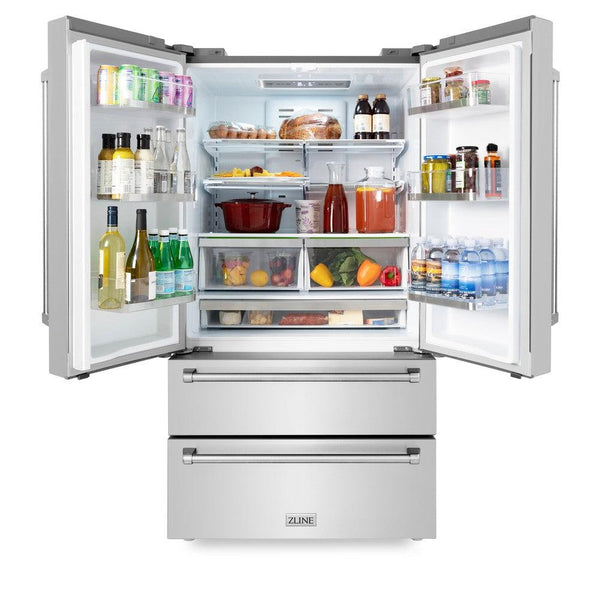 ZLINE 36 in. Freestanding French Door Refrigerator with Ice Maker in Fingerprint Resistant Stainless Steel (RFM-36) front, doors open with food inside.