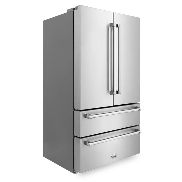 ZLINE 36 in. Freestanding French Door Refrigerator with Ice Maker in Fingerprint Resistant Stainless Steel (RFM-36) far side, closed.