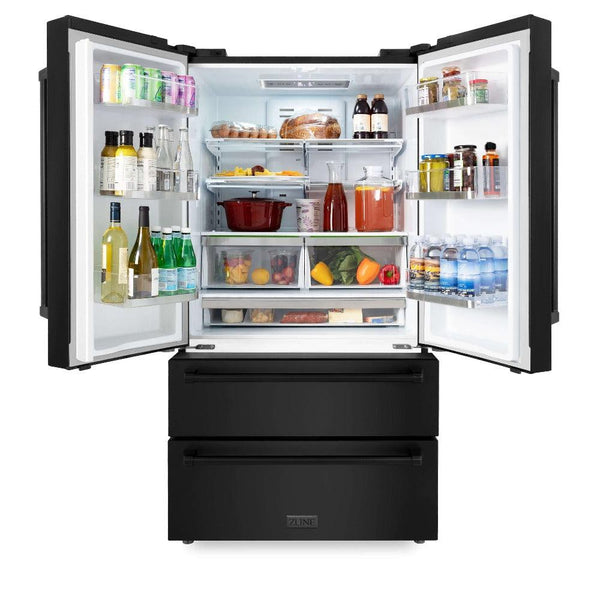 ZLINE Kitchen Package with Black Stainless Steel Refrigerator, 30 in. Dual Fuel Range and 30 in. Traditional Over the Range Microwave (3KPR-RABOTRH30) front, open.