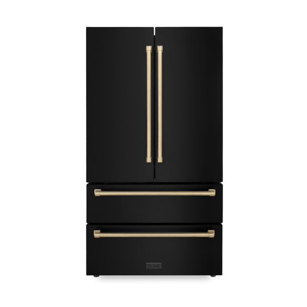 ZLINE Autograph Edition 36 in. 22.5 cu. ft. Counter-Depth French Door Refrigerator with Ice Maker in Fingerprint-Resistant Black Stainless Steel and Champagne Bronze Traditional Handles (RFMZ-36-BS-CB)