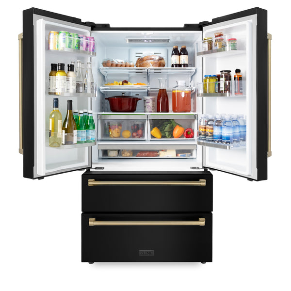 ZLINE Autograph Edition 36 in. 22.5 cu. ft. Counter-Depth French Door Refrigerator with Ice Maker in Fingerprint-Resistant Black Stainless Steel and Champagne Bronze Traditional Handles (RFMZ-36-BS-CB)