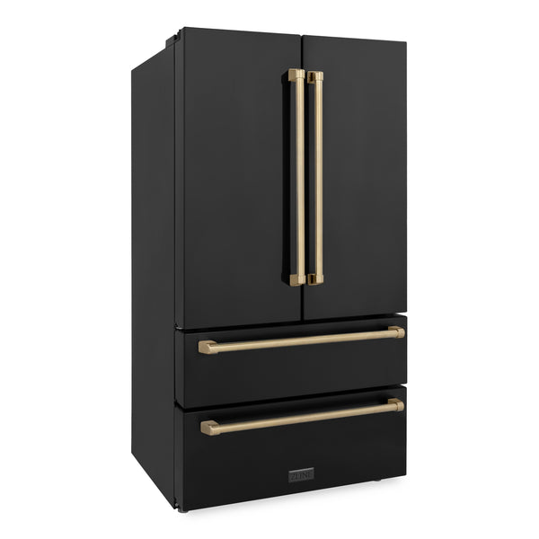 ZLINE Autograph Edition 36 in. 22.5 cu. ft. Counter-Depth French Door Refrigerator with Ice Maker in Fingerprint-Resistant Black Stainless Steel and Champagne Bronze Traditional Handles (RFMZ-36-BS-CB)