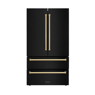 Buy gold-accents ZLINE 36&quot; Autograph Edition 22.5 cu. ft Freestanding French Door Refrigerator with Ice Maker in Fingerprint Resistant Black Stainless Steel with Accents (RFMZ-36-BS)