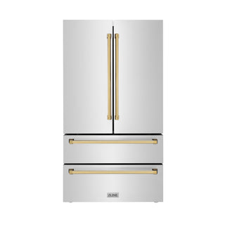 Buy champagne-bronze-accents ZLINE 36&quot; Autograph Edition 22.5 cu. ft Freestanding French Door Refrigerator with Ice Maker in Fingerprint Resistant Stainless Steel with Accents (RFMZ-36)