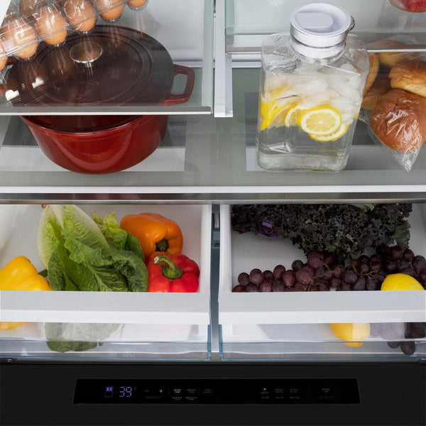 ZLINE 36 in. 21.6 cu. ft Freestanding French Door Fingerprint Resistant Refrigerator with External Water and Ice Dispenser in Black Stainless Steel (RFM-W-36-BS) large red pot and and crisper drawers with fruits and vegetables inside refrigeration compartment, above.