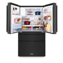 ZLINE 36 in. 21.6 cu. ft Freestanding French Door Fingerprint Resistant Refrigerator with External Water and Ice Dispenser in Black Stainless Steel (RFM-W-36-BS) front, doors open with food inside.