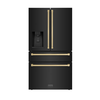 Buy champagne-bronze-accents ZLINE 36&quot; Autograph Edition 21.6 cu. ft Freestanding French Door Refrigerator with Water and Ice Dispenser in Fingerprint Resistant Black Stainless Steel with Accents (RFMZ-W-36-BS)