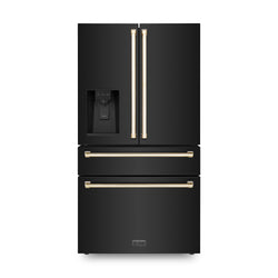 ZLINE 36" Autograph Edition 21.6 cu. ft 4-Door French Door Refrigerator with Water and Ice Dispenser in Fingerprint Resistant Black Stainless Steel with Traditional Handles