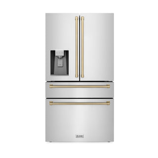 Buy champagne-bronze-accents ZLINE 36&quot; Autograph Edition 21.6 cu. ft Freestanding French Door Refrigerator with Water and Ice Dispenser in Fingerprint Resistant Stainless Steel with Accents (RFMZ-W-36)