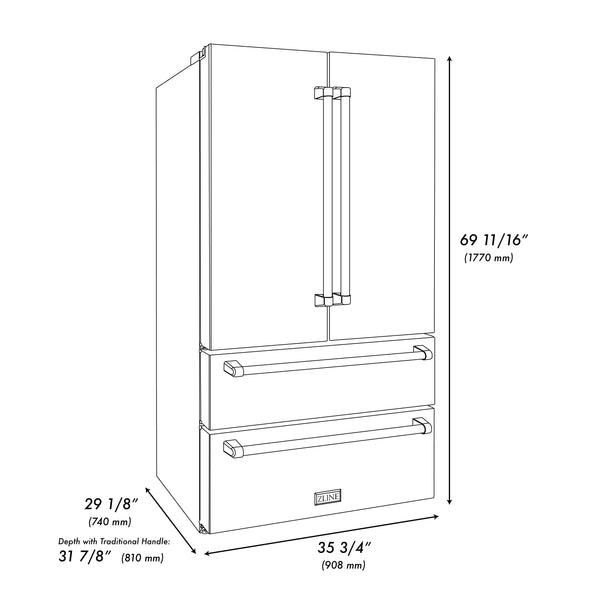 ZLINE 36 in. Freestanding French Door Refrigerator with Ice Maker in Fingerprint Resistant Stainless Steel (RFM-36) dimensional diagram with measurements.