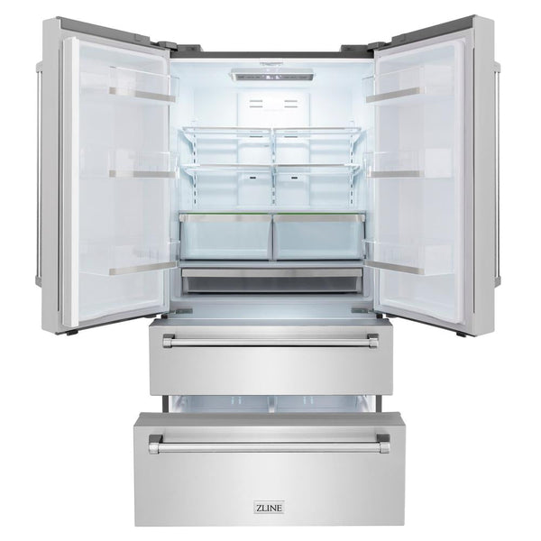 ZLINE Kitchen Package with 36 in. French Door Refrigerator, 48 in. Dual Fuel Range, 48 in. Range Hood, 24 in. Microwave Drawer, 24 in. Tall Tub Dishwasher and 24 in. Wine Cooler in Stainless Steel (6KPR-RARH48-MWDWV-RWV)